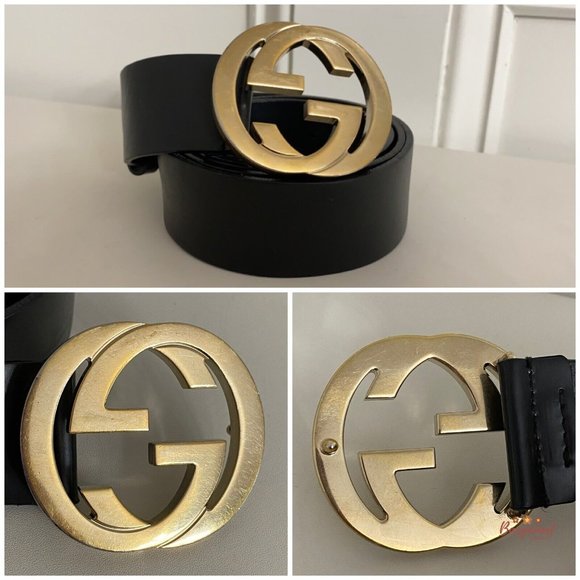 Authentic Gucci Black Calfskin Leather Gold Interlocking G Buckle Belt 90/36 - Picture 2 of 15